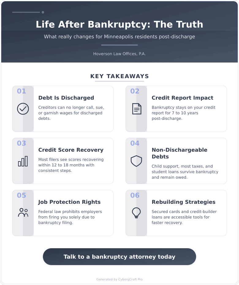 Infographic: The Minneapolis Resident's Honest Guide to Life After Bankruptcy - What Actually Changes and What Doesn't - Key concepts and takeaways